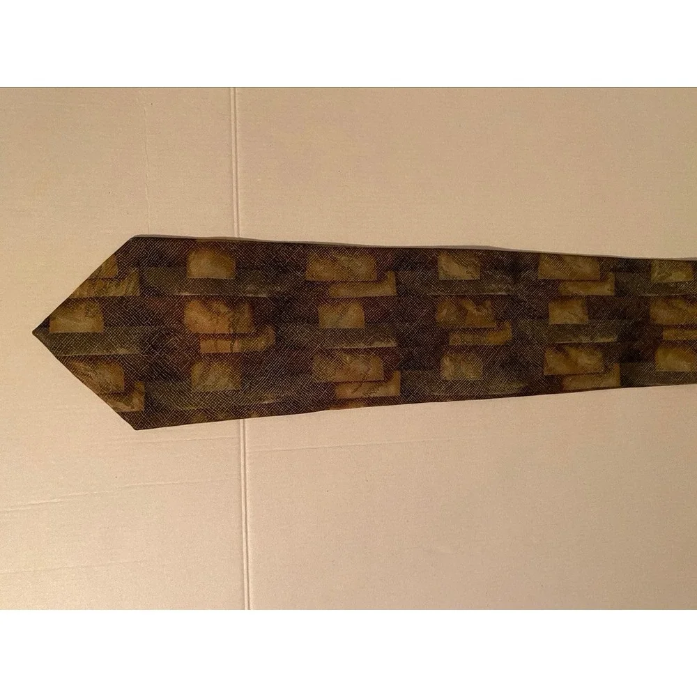 J. Ferrar Mens Silk Tie Brown Green Gold Geometric Made in Italy 4 Inch Width